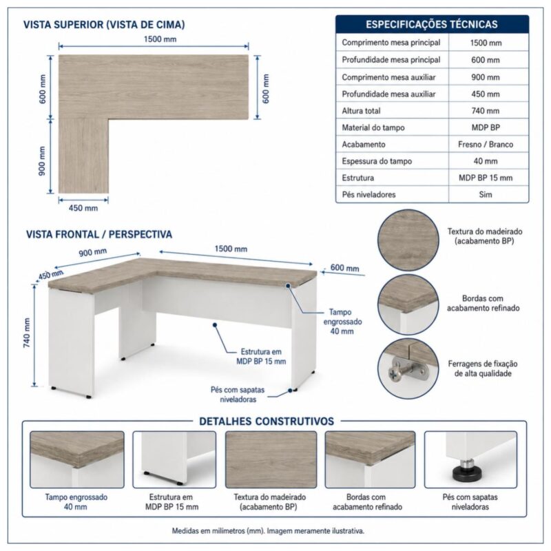 Móveis para Escritório Mesa para escritório Pé Painel (Mesa 1,50x0,60m + Mesa Auxiliar) s/ Gavetas – Fresno / Branco - 71110