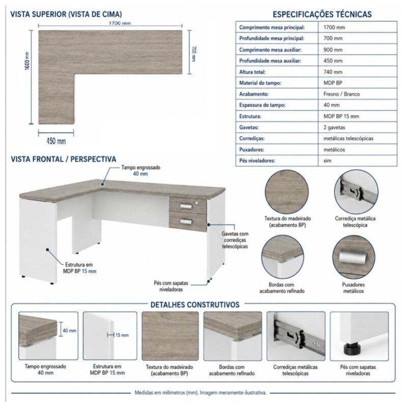 Móveis para Escritório Mesa para escritório Pé Painel (Mesa 1,70x0,70m + Mesa Auxiliar) com 02 Gavetas – Fresno / Branco - 71109