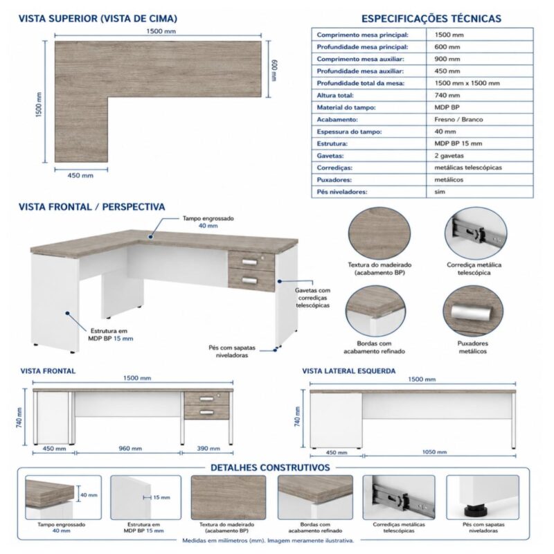 Móveis para Escritório Mesa em L (Mesa 1,50x0,60m + Mesa Auxiliar) PÉ PAINEL – C/ Gavetas – 71108