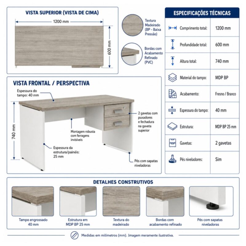 Móveis para Escritório Mesa para Escritório 1,20x0,60m - C/ Gavetas - Fresno / Branco - 71107