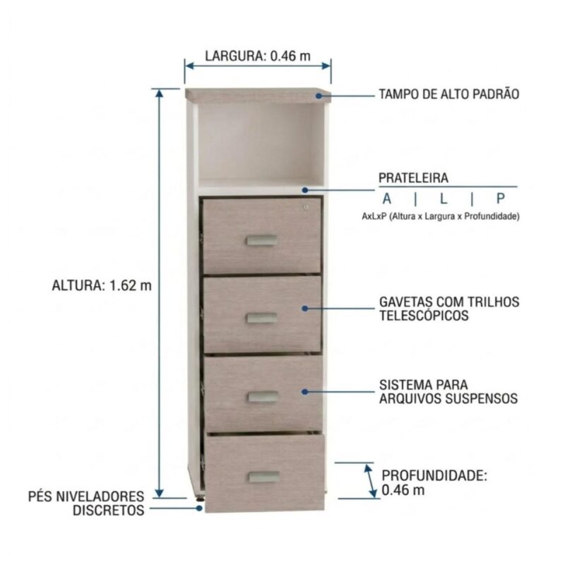 Móveis para Escritório Arquivo 04 Gavetas Pasta Suspensa com Nicho - 1,60x0,46x0,45m - Fresno / Branco - 71025