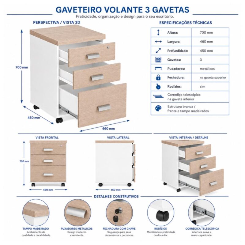 Móveis para Escritório Gaveteiro Volante Escritório com 03 Gavetas - Fresno / Branco - 71132
