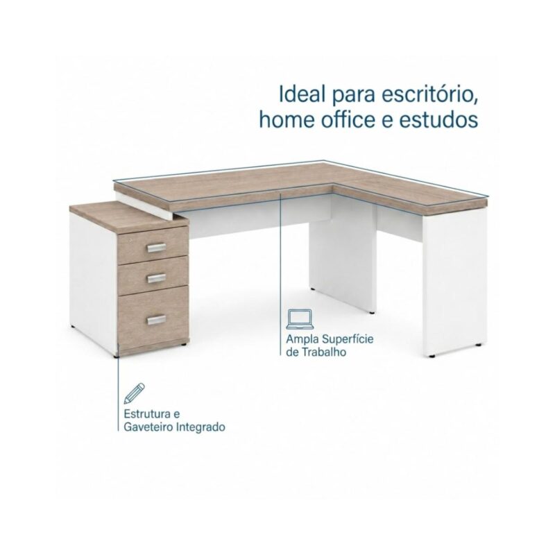 Móveis para Escritório Mesa Escritório em L Pedestal com 03 Gavetas 2,10x0,70m -  Fresno / Branco - 71134