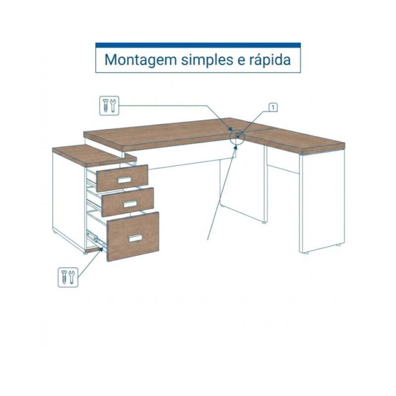 Móveis para Escritório Mesa Escritório em L Pedestal com 03 Gavetas 2,10x0,70m -  Fresno / Branco - 71134