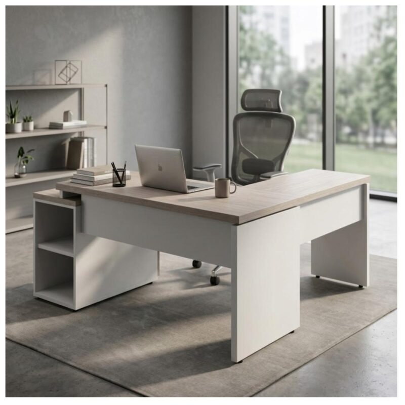 Móveis para Escritório Mesa Escritório em L Pedestal com 03 Gavetas 2,10x0,70m -  Fresno / Branco - 71134