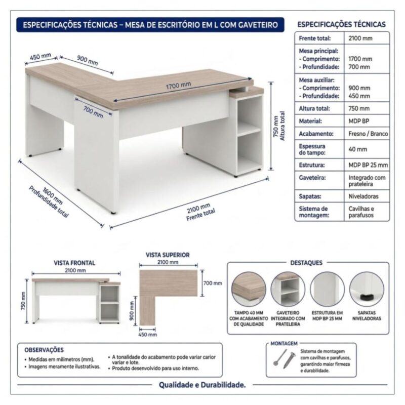 Móveis para Escritório Mesa Escritório em L Pedestal com 03 Gavetas 2,10x0,70m -  Fresno / Branco - 71134