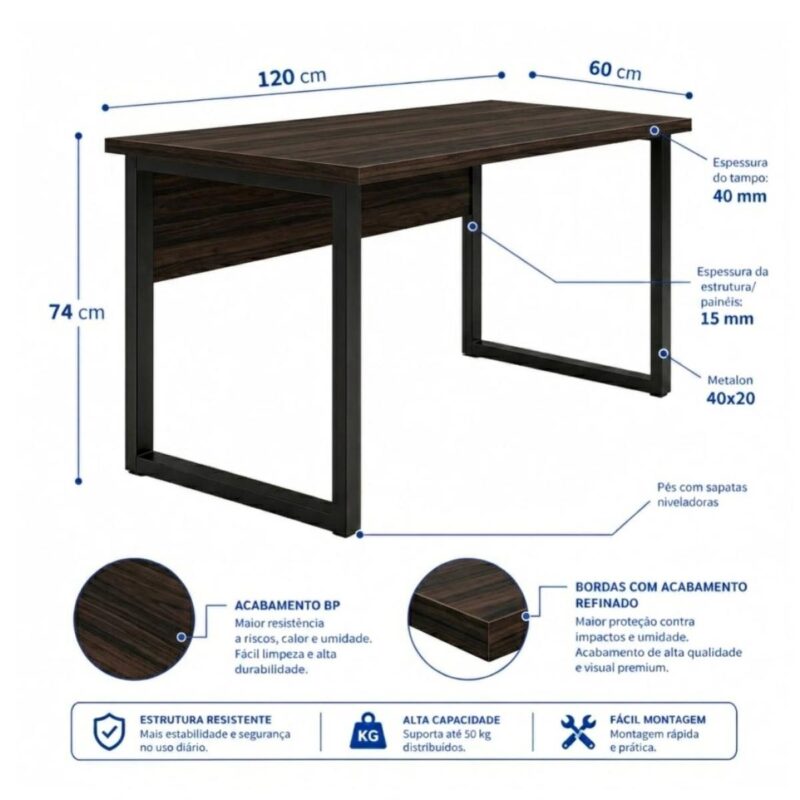 Móveis para Escritório Mesa Escritório PÉ QUADRO - 1,20x0,60m - S/ Gavetas - MARSALA/PRETO - 25469