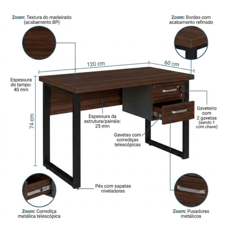 Móveis para Escritório Mesa para Escritório Pé Industrial - 1,20x0,60m - Com Gavetas - Louro / Preto - 25471
