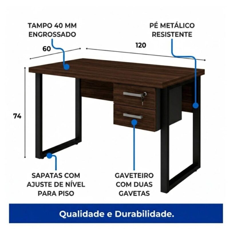 Móveis para Escritório Mesa para Escritório Pé Industrial - 1,20x0,60m - Com Gavetas - Louro / Preto - 25471