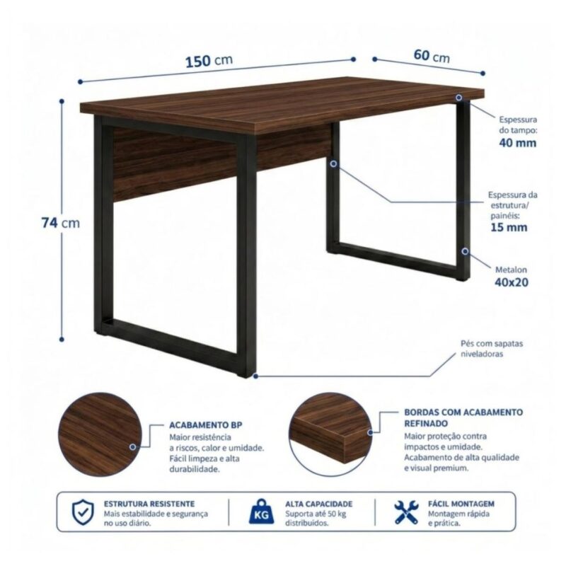 Móveis para Escritório Mesa para Escritório Pé Industrial 1,50x0,60m - S/ Gavetas - Louro / Preto - 25472