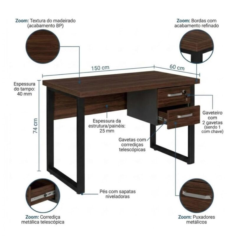 Móveis para Escritório Mesa para Escritório com Pé Industrial 1,50x0,60m - Com Gavetas - Louro / Preto - 25473