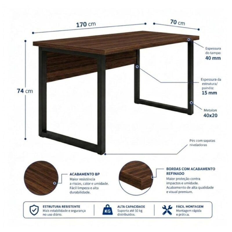 Móveis para Escritório Mesa para Escritório com Pé Industrial 1,70x0,70m - Sem Gavetas - Louro / Preto - 25474