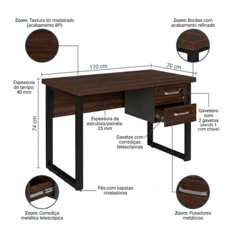 Móveis para Escritório Mesa para Escritório com Pé Industrial 1,70x0,70m - Com Gavetas - Louro / Preto - 25475