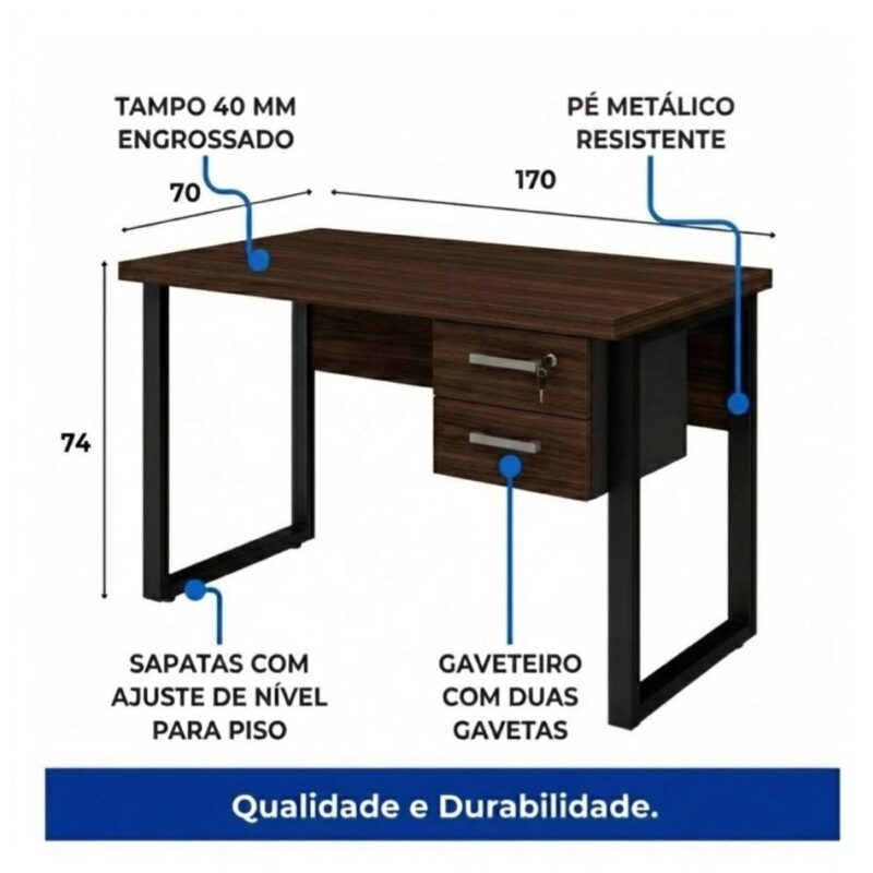 Móveis para Escritório Mesa para Escritório com Pé Industrial 1,70x0,70m - Com Gavetas - Louro / Preto - 25475