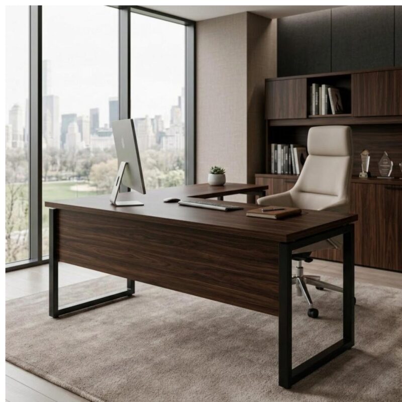 Móveis para Escritório Mesa para Escritório em L com Pé Industrial (Mesa 1,70m + Mesa Auxiliar) - Sem Gavetas - Louro / Preto - 25478