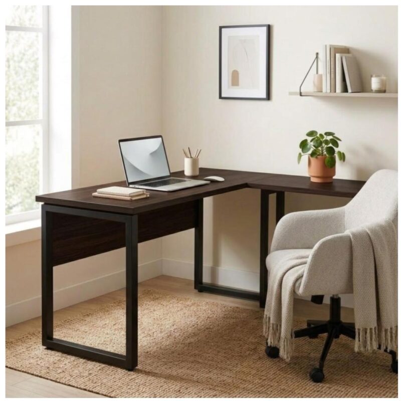 Móveis para Escritório Mesa para Escritório em L com Pé Industrial (Mesa 1,70m + Mesa Auxiliar) - Sem Gavetas - Louro / Preto - 25478