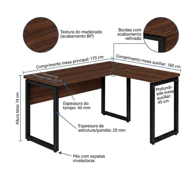Móveis para Escritório Mesa para Escritório em L com Pé Industrial (Mesa 1,70m + Mesa Auxiliar) - Sem Gavetas - Louro / Preto - 25478
