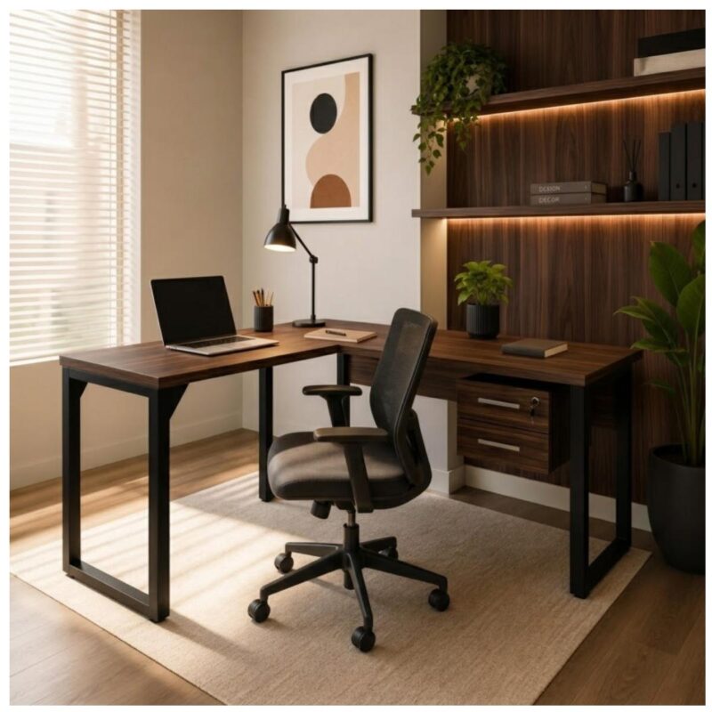 Móveis para Escritório Mesa para Escritório em L com Pé Industrial (Mesa 1,50m + Mesa Auxiliar) - Com Gavetas - Louro / Preto - 25477