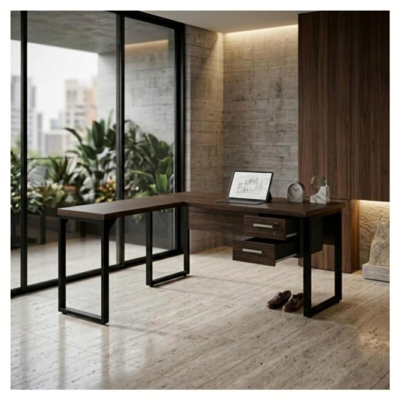 Móveis para Escritório Mesa para Escritório em L com Pé Industrial (Mesa 1,50m + Mesa Auxiliar) - Com Gavetas - Louro / Preto - 25477