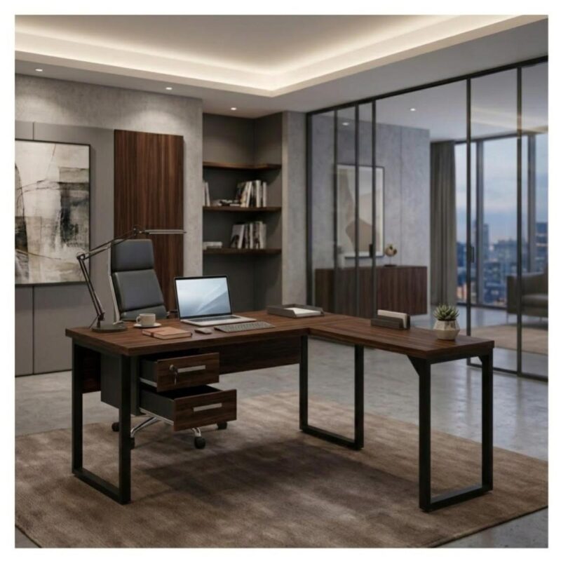 Móveis para Escritório Mesa para Escritório em L com Pé Industrial (Mesa 1,70m + Mesa Auxiliar) - Com Gavetas - Louro / Preto - 25479