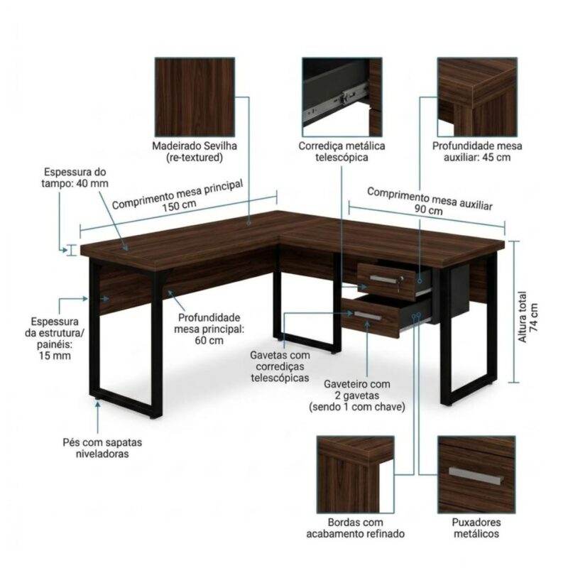 Móveis para Escritório Mesa para Escritório em L com Pé Industrial (Mesa 1,70m + Mesa Auxiliar) - Com Gavetas - Louro / Preto - 25479