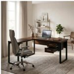 Móveis para Escritório Mesa para Escritório em L com Pé Industrial (Mesa 1,70m + Mesa Auxiliar) - Com Gavetas - Louro / Preto - 25479