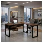 Móveis para Escritório Mesa para Escritório em L com Pé Industrial (Mesa 1,50m + Mesa Auxiliar) - Com Gavetas - Louro / Preto - 25477