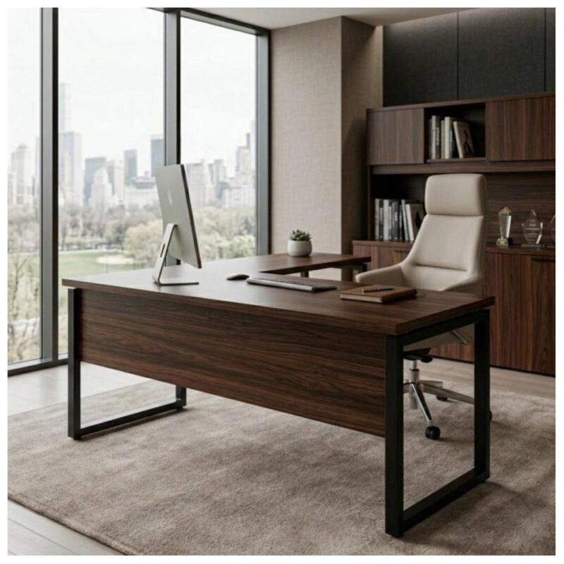 Móveis para Escritório Mesa para Escritório em L com Pé Industrial (Mesa 1,70m + Mesa Auxiliar) - Com Gavetas - Louro / Preto - 25479