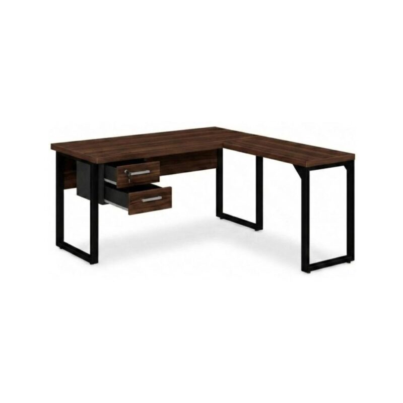 Móveis para Escritório Mesa para Escritório em L com Pé Industrial (Mesa 1,50m + Mesa Auxiliar) - Com Gavetas - Louro / Preto - 25477