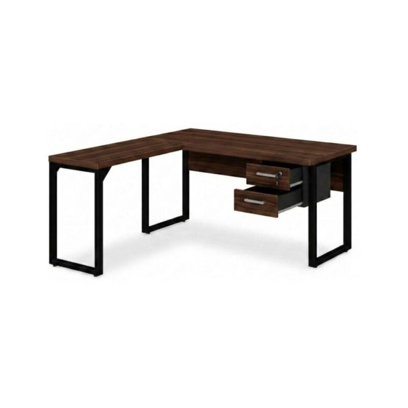 Móveis para Escritório Mesa para Escritório em L com Pé Industrial (Mesa 1,50m + Mesa Auxiliar) - Com Gavetas - Louro / Preto - 25477