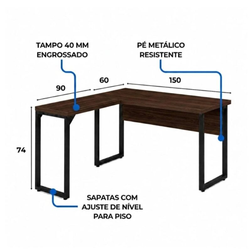 Móveis para Escritório Mesa para Escritório em L com Pé Industrial (Mesa 1,50m + Mesa Auxiliar) - Com Gavetas - Louro / Preto - 25477
