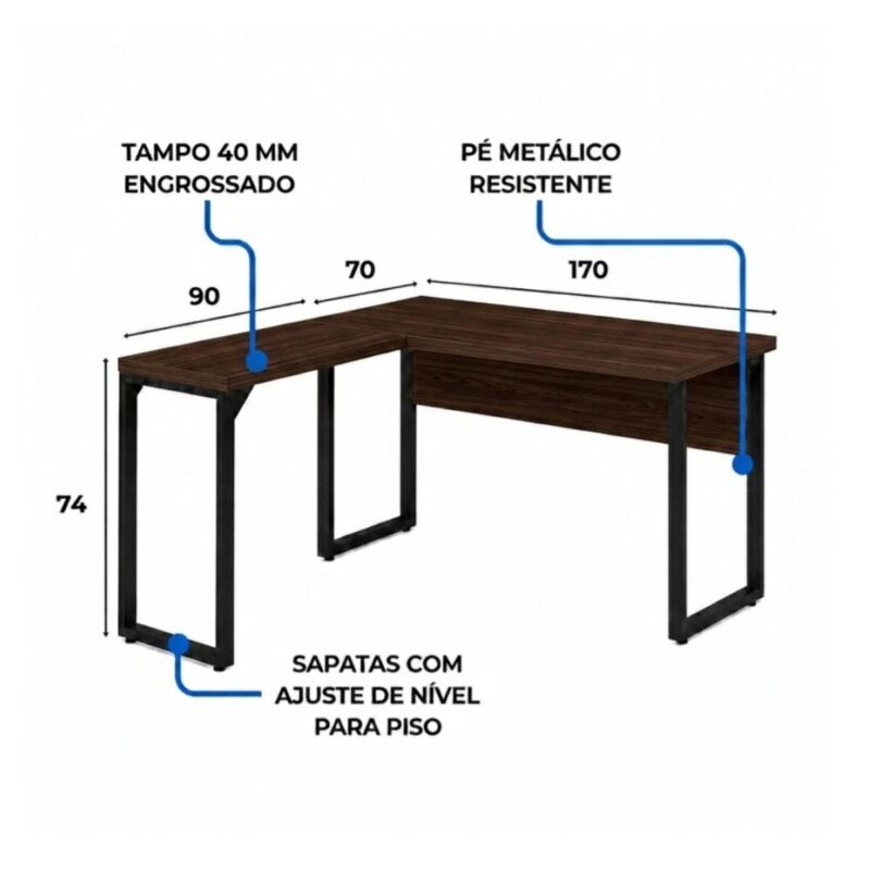 Móveis para Escritório Mesa para Escritório em L com Pé Industrial (Mesa 1,70m + Mesa Auxiliar) - Com Gavetas - Louro / Preto - 25479