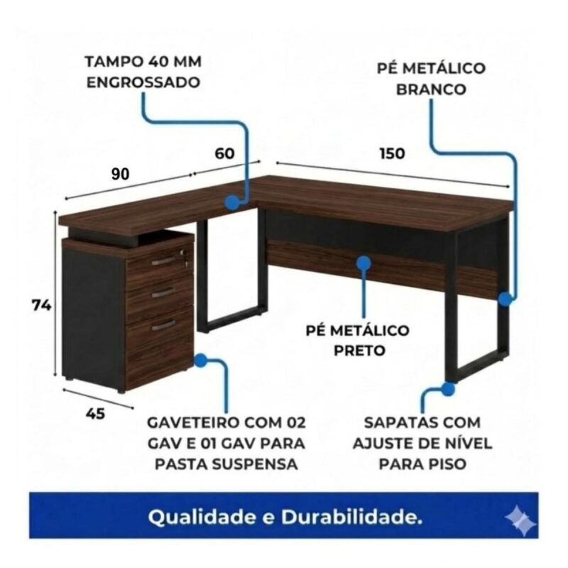 Móveis para Escritório Mesa para Escritório em “L” com Gaveteiro 1,50×1,50m - Louro / Preto - 34440