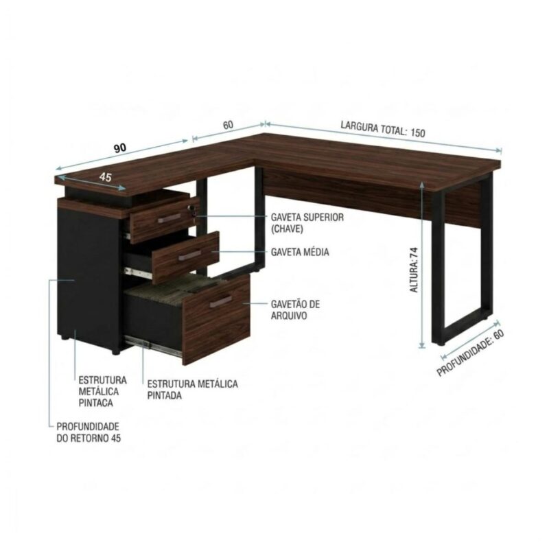 Móveis para Escritório Mesa para Escritório em “L” com Gaveteiro 1,70×1,60m – Louro / Preto – 34441