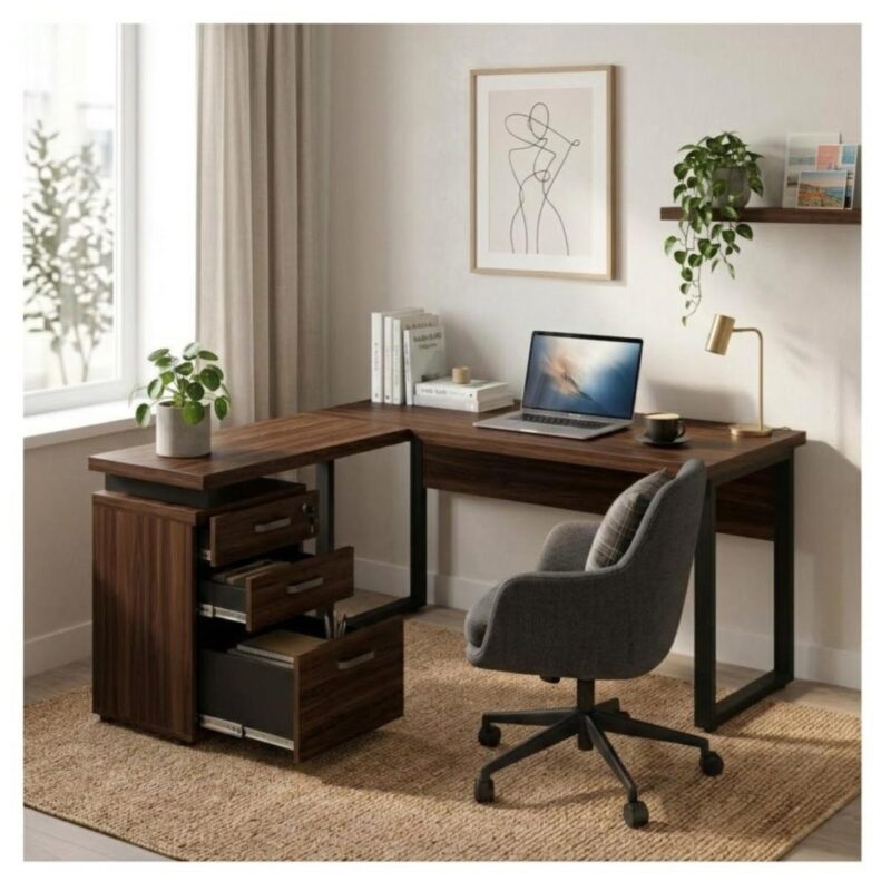 Móveis para Escritório Mesa para Escritório em “L” com Gaveteiro 1,70×1,60m – Louro / Preto – 34441