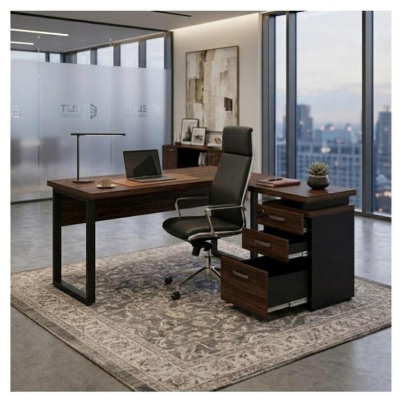 Móveis para Escritório Mesa para Escritório em “L” com Gaveteiro 1,70×1,60m – Louro / Preto – 34441