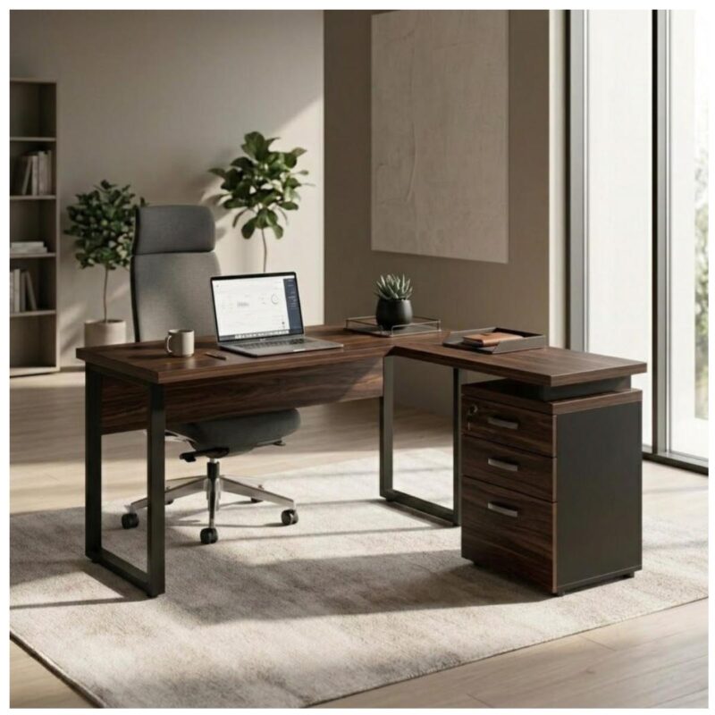Móveis para Escritório Mesa para Escritório em “L” com Gaveteiro 1,70×1,60m – Louro / Preto – 34441