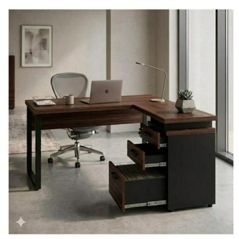 Móveis para Escritório Mesa para Escritório em “L” com Gaveteiro 1,70×1,60m – Louro / Preto – 34441