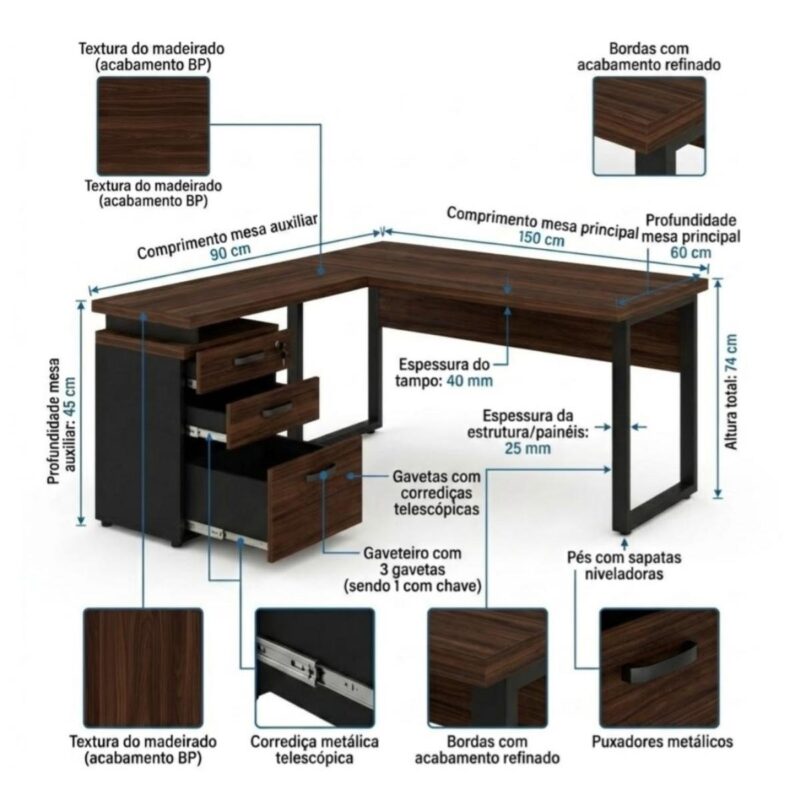 Móveis para Escritório Mesa para Escritório em “L” com Gaveteiro 1,50×1,50m - Louro / Preto - 34440