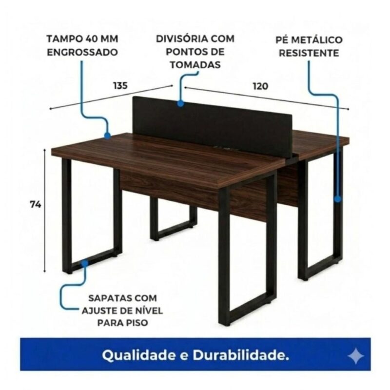 Móveis para Escritório Estação de Trabalho Dupla 1,20x1,35m 02 Lugares Sem Gavetas com ponto de tomada - Louro / Preto - 64000