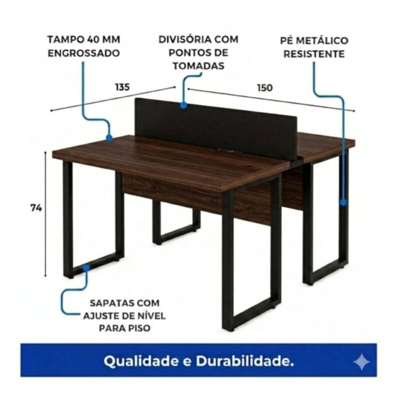 Móveis para Escritório Estação de Trabalho Dupla 1,50x1,35m 02 Lugares Sem Gavetas com ponto de tomada - Louro / Preto - 64002