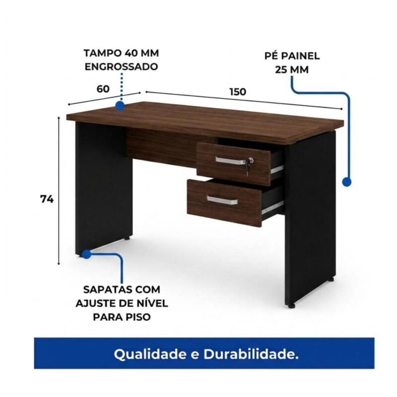 Móveis para Escritório Mesa para Escritório 1,50×0,60m – Com Gavetas – Louro / Preto – 23473