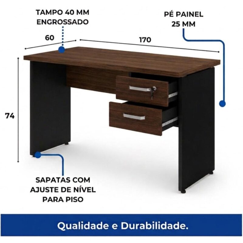 Móveis para Escritório Mesa para Escritório 1,70×0,60m – Com Gavetas – Louro / Preto – 23475