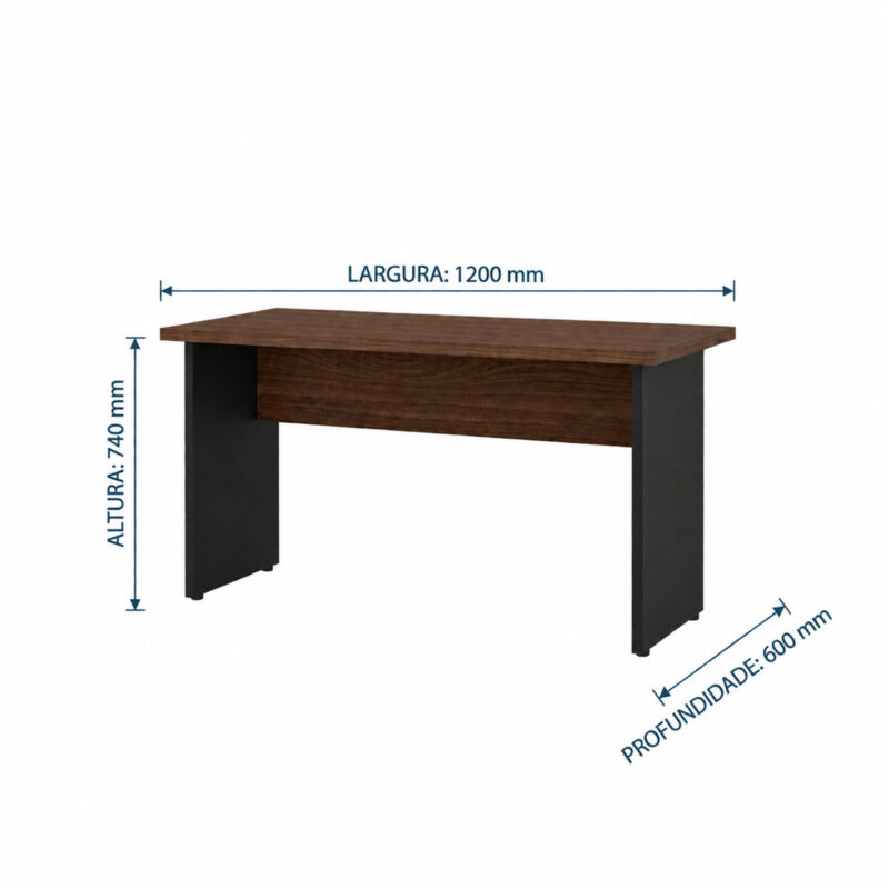 Mesa louro e preto sem gavetas com marcações de 1.200 mm de largura, 600 mm de profundidade e 740 mm de altura.