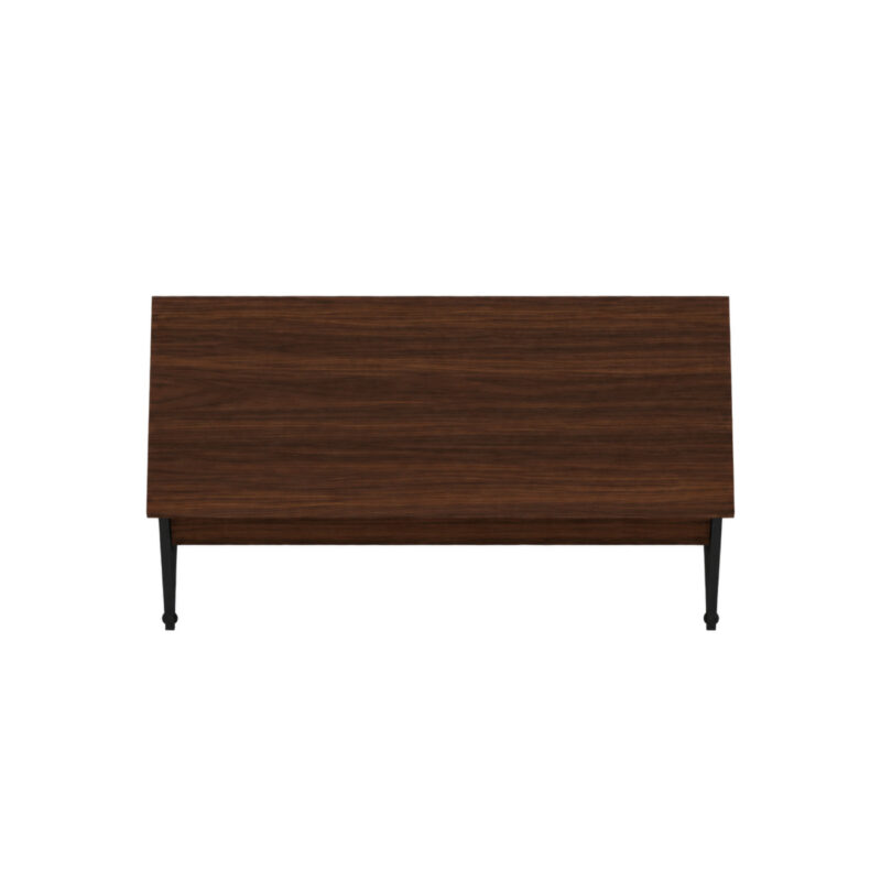 Vista superior da mesa sem gavetas com tampo retangular louro e partes dos apoios pretos visíveis nas extremidades.