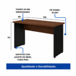 Mesa louro e preto de 170 x 60 cm com detalhes técnicos Diagrama da mesa louro e preto com medidas e indicações de tampo de 40 mm, pés em painel de 25 mm e sapatas ajustáveis.