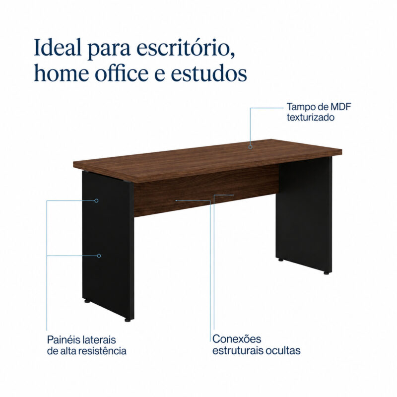 Mesa louro e preto com chamadas apontando para o tampo texturizado, os painéis laterais e as conexões estruturais.