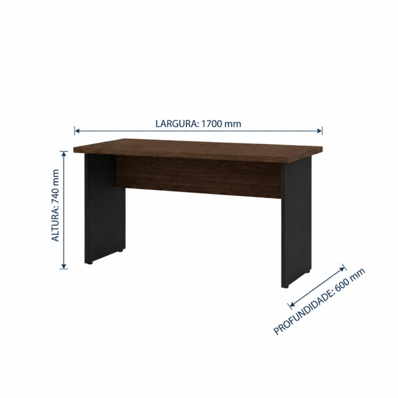 Mesa louro e preto com cotas indicando 1700 mm de largura, 600 mm de profundidade e 740 mm de altura.