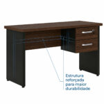 Detalhe da estrutura da mesa com duas gavetas Mesa Louro e Preto com duas gavetas fechadas e linhas ilustrativas destacando a estrutura abaixo do tampo.