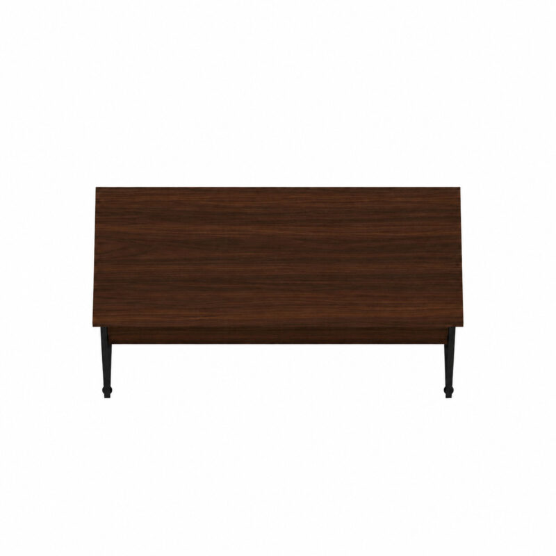 Vista superior da mesa de escritório com tampo retangular Louro e partes dos apoios pretos visíveis abaixo.